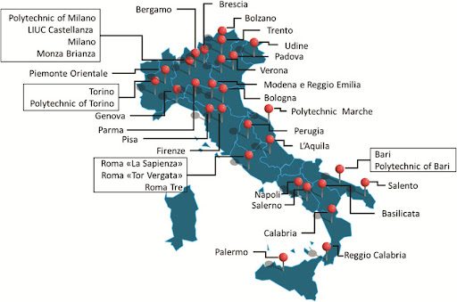 Map of different universities in Italy